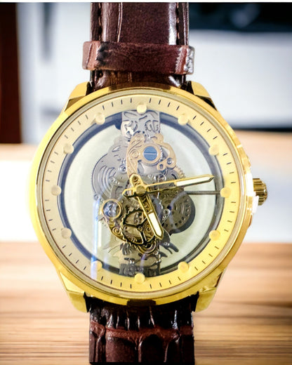 Herenhorloge met Doorzichtig Mechanisme - Elegant en Precisie in Gouden Omhulsel