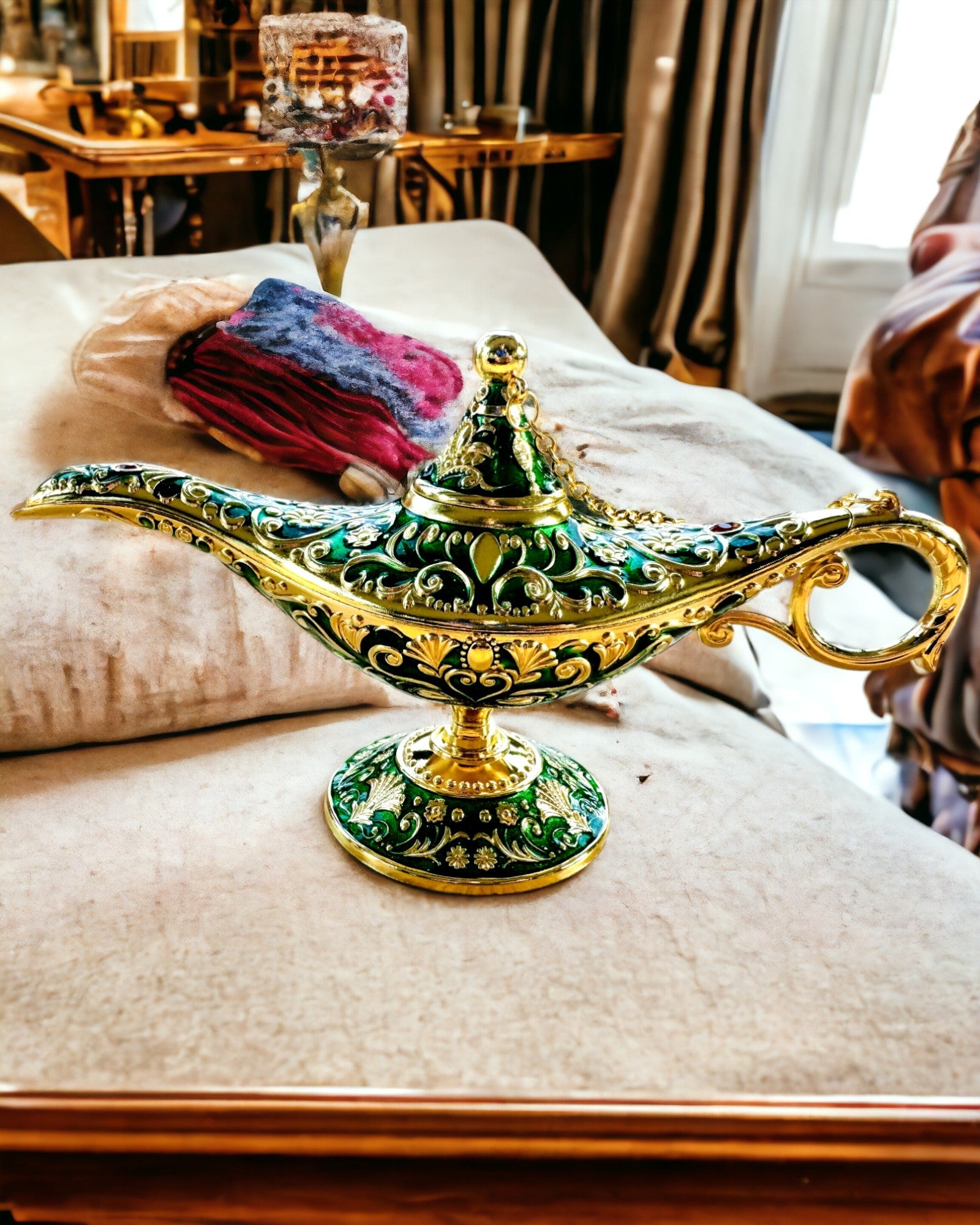 Magische Aladdin Lamp met Graveermogelijkheid - Variant Donkergroen, verweven met goud