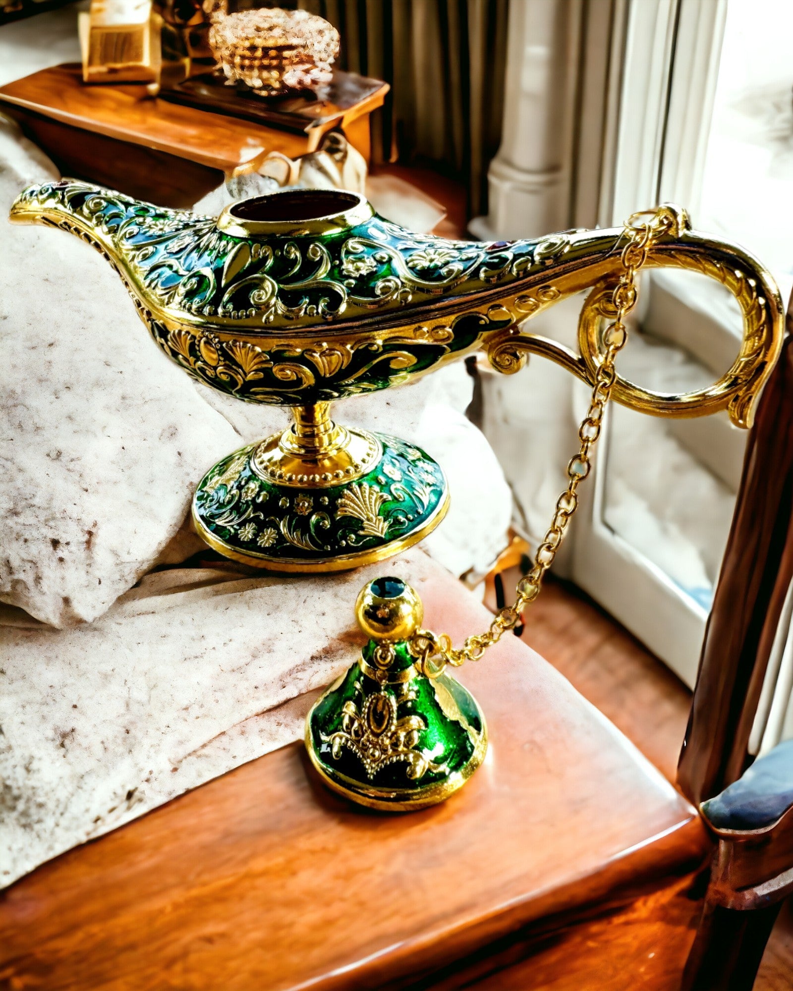 Magische Aladdin Lamp met Graveermogelijkheid - Variant Donkergroen, verweven met goud