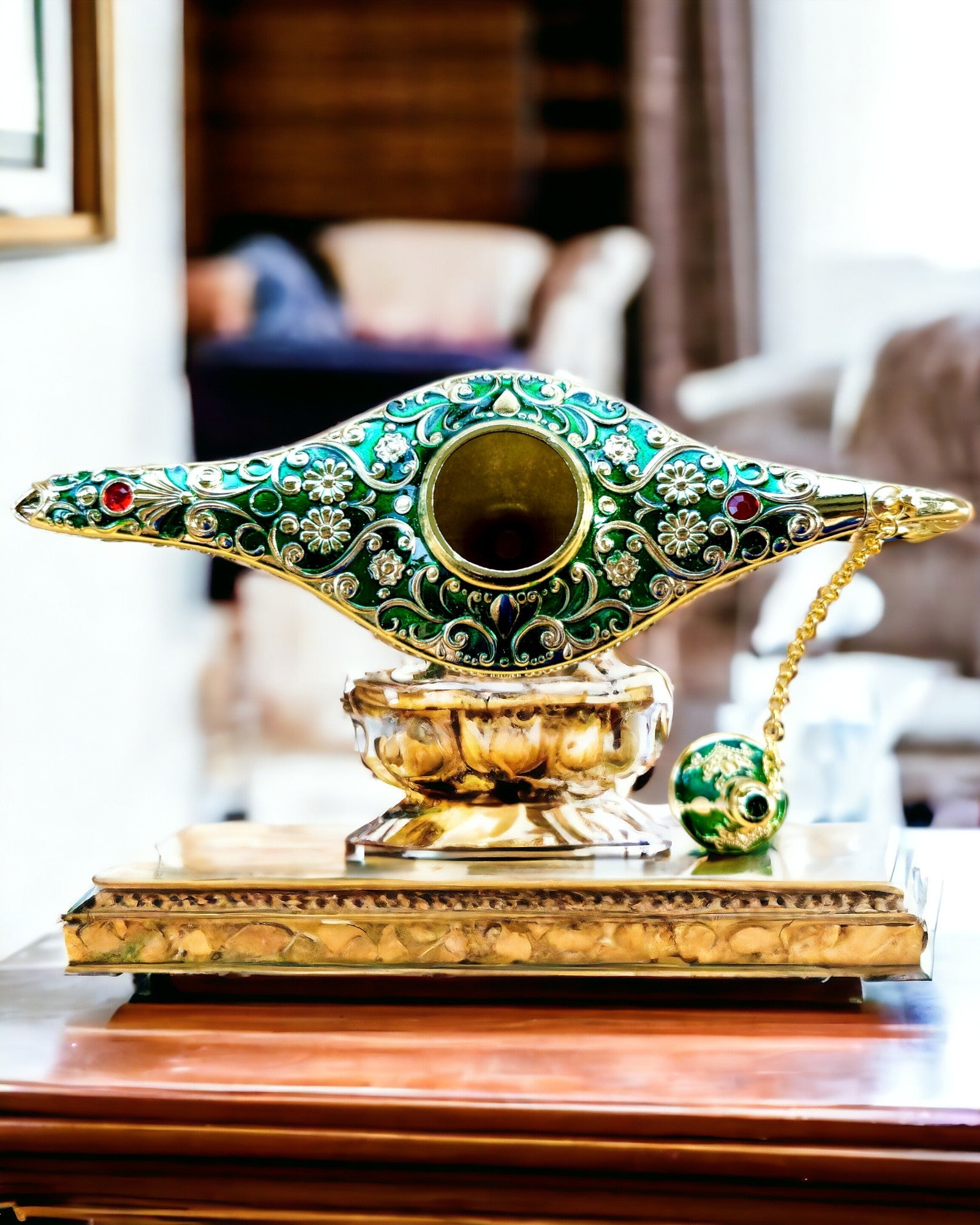 Magische Aladdin Lamp met Graveermogelijkheid - Variant Donkergroen, verweven met goud