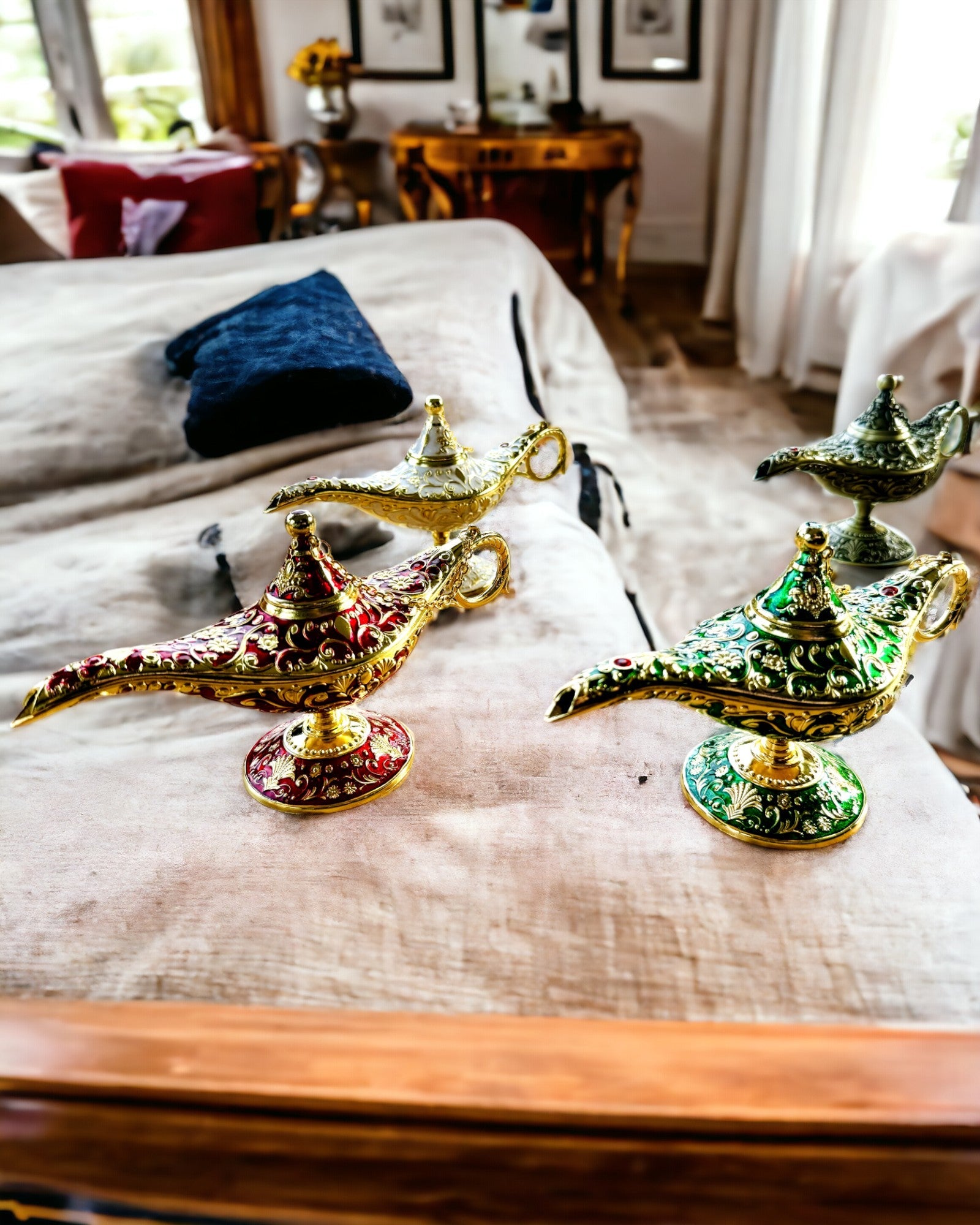 Magische Aladdin Lamp met Graveermogelijkheid - Variant Donkergroen, verweven met goud