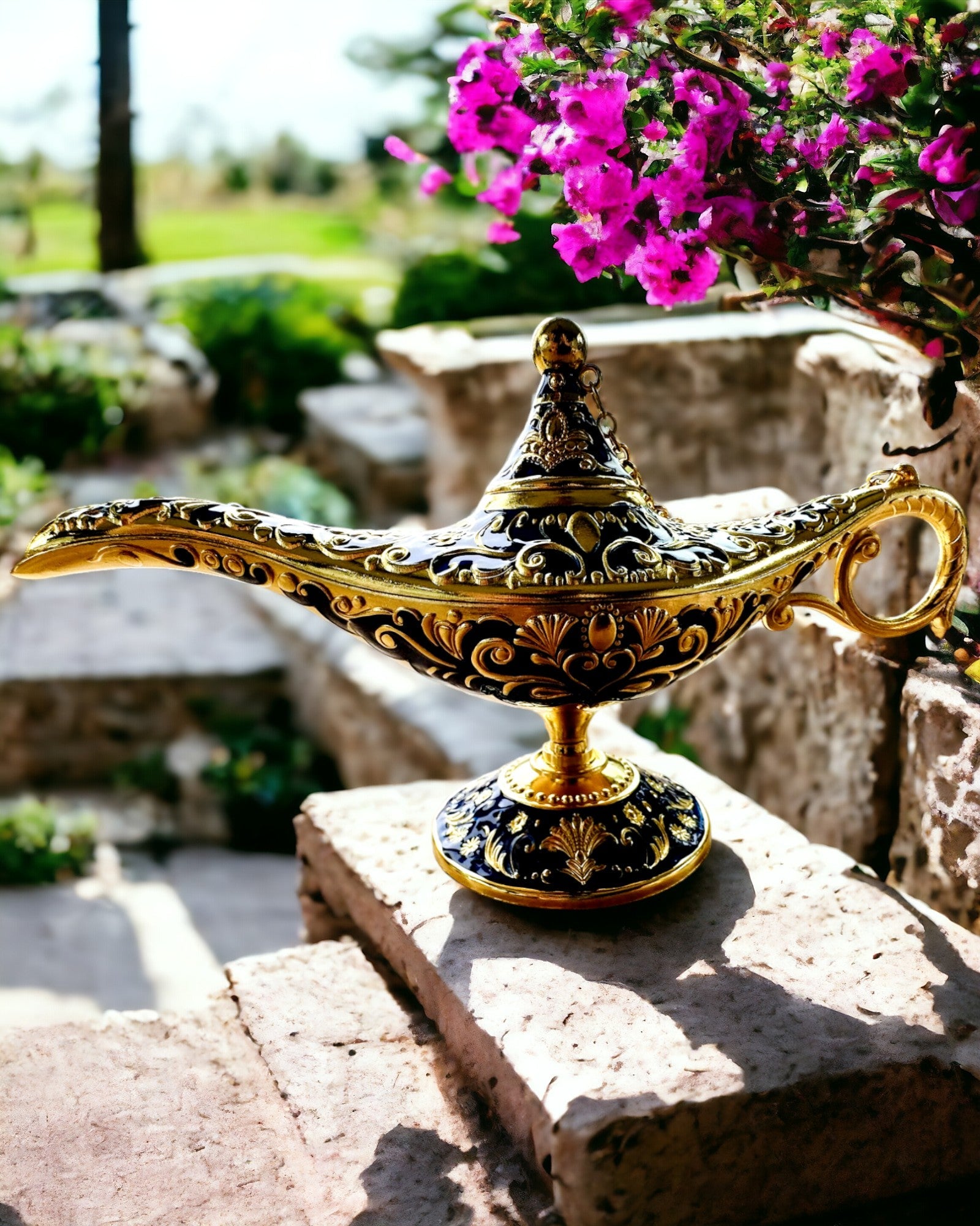 Magische Aladdin Lamp met Graveermogelijkheid - Donkerblauwe Variant, doorweven met goud