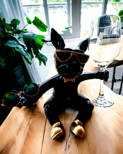 Exclusieve Figurka "Stijlvolle Bulldog", kleur zwart, standaard voor een wijnglas of champagneglas, personalisatie met gravure