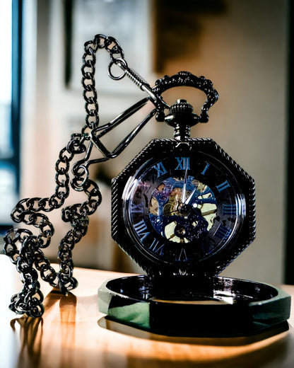 Klassieke Achtzijdige Mechanische Steampunk Zakhorloge in Zwart, Gegraveerd