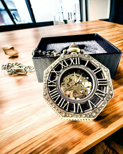 Klassieke Achtzijdige Kleur bruin Zakhorloge Mechanisch in Steampunkstijl - Tijdloos