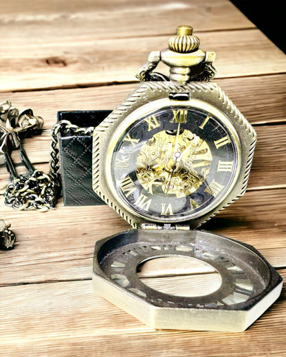 Klassieke Achtzijdige Kleur bruin Zakhorloge Mechanisch in Steampunkstijl - Tijdloos